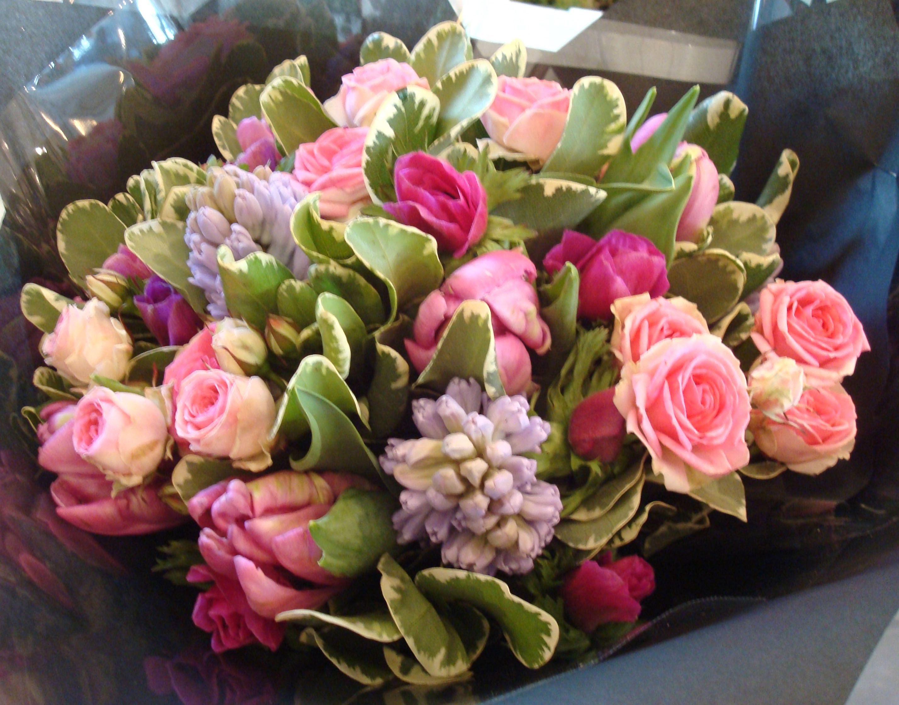 Pink Rose + Hyacinth bouquet mini-eden spray roses, pink tulips anenomies + lilac hyavinths